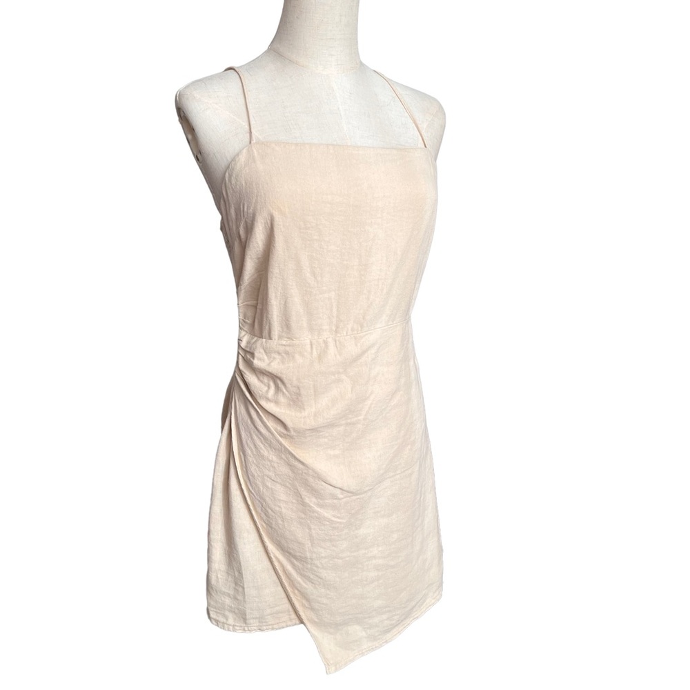 Zara Beige Linen Blend Draped Mini Dress Size Medium